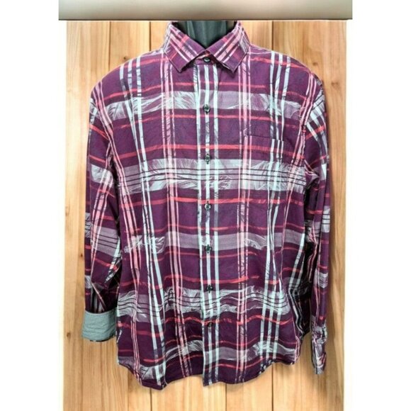 Tommy Bahama Mens Silk Blend Button-Up Shirt Large Burgundy Floral Long Sleeve - Picture 1 of 7